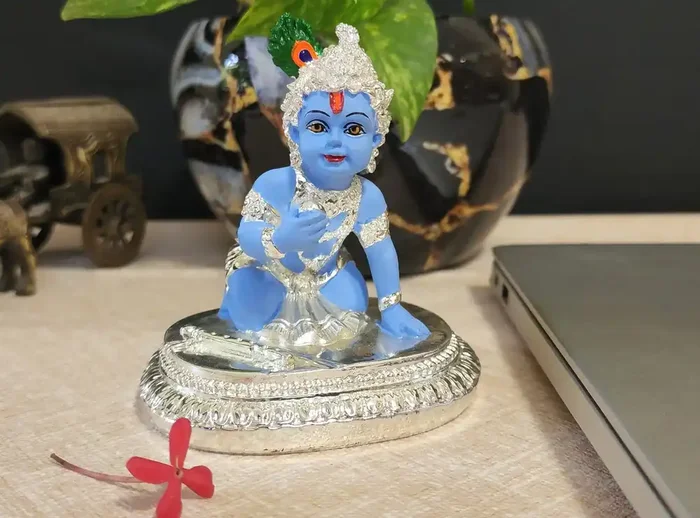 CHURU SILVERWARE Ceramic Krishna Idol 8x8x8cm Silver and Blue