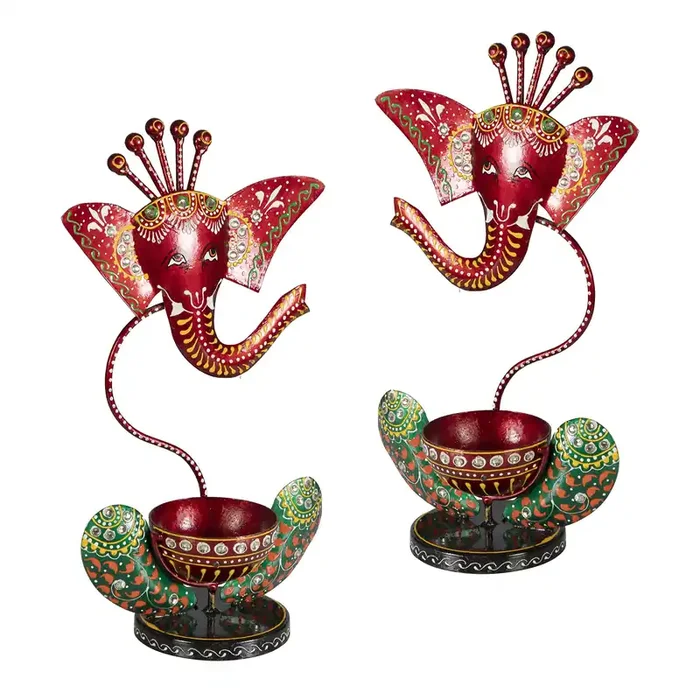 CHURU SILVERWARE Ganesha Handcrafted Metallic Tea Light Holder Set -Red or Black (Auspicious Red)