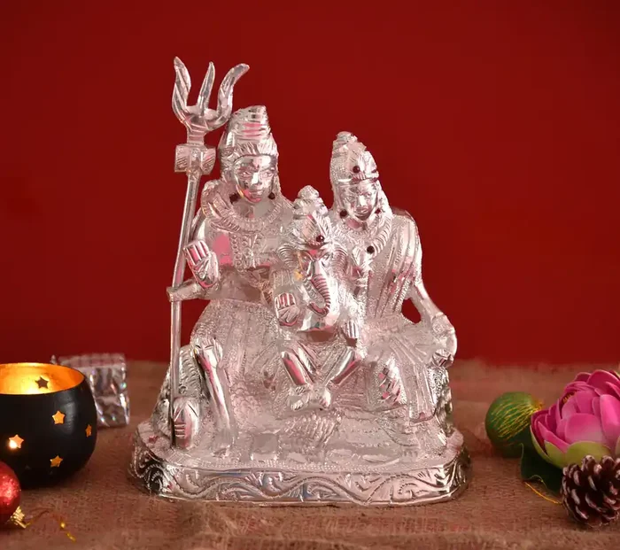 CHURU SILVERWARE Handcrafted Shiva Parvati Ganesh Idol Shiv Parivar Murti Statue Sculpture – Lord Shiva Idols Family Sitting