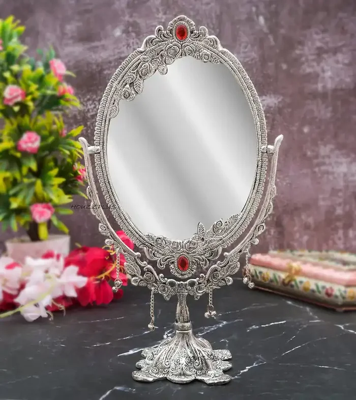 CHURU SILVERWARE Handicraft Aluminium Frame Antique Look Double-Sided Vanity Mirror with Stand