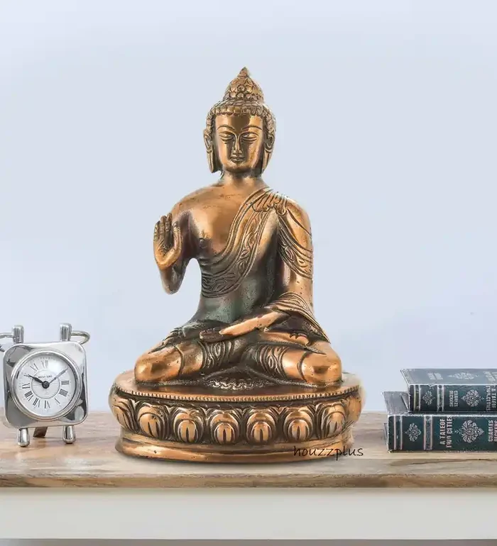 CHURU SILVERWARE Handicraft Buddha Idol Statue Metal Copper Plated Lord Blessing Buddha Idols Showpiece for Home Decor Living Room Table Top