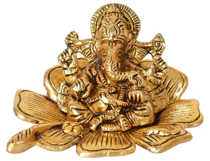 CHURU SILVERWARE Handicraft Lord Ganesha Idol on Flower (12 cm x 9 cm x 10 cm Gold GH491)