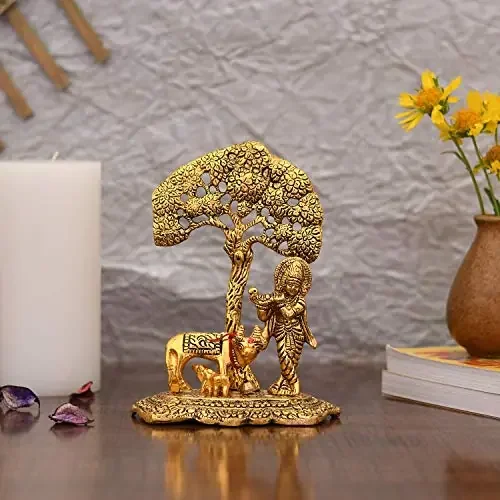 Collectible India Gift Items Metal Krishna Idol Murti with Kamdhenu Cow – Golden ColorShowpiece Articles for Home Decor OfficeHouse Warming (Set of 1)