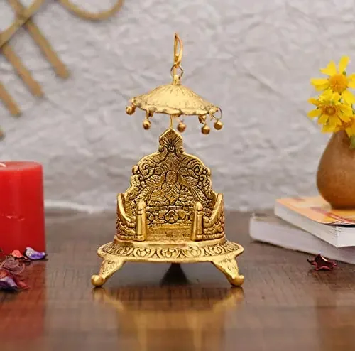 Collectible India Metal Singhasan Oval Shaped for Ganesha Krishna God Idols – Golden ColorLadoo Gopal Pooja Chowki for Temple Mandir Puja Idol Decoration Items (1 Pieces)