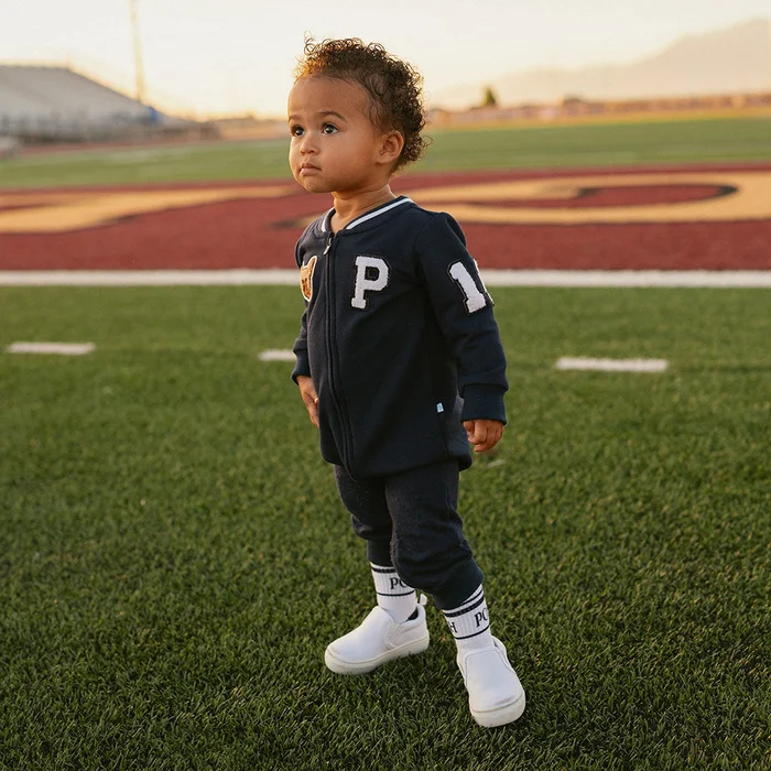 Collegiate Blue Embroidered Varsity Navy Fleece Varsity Romper | Posh Peanut®