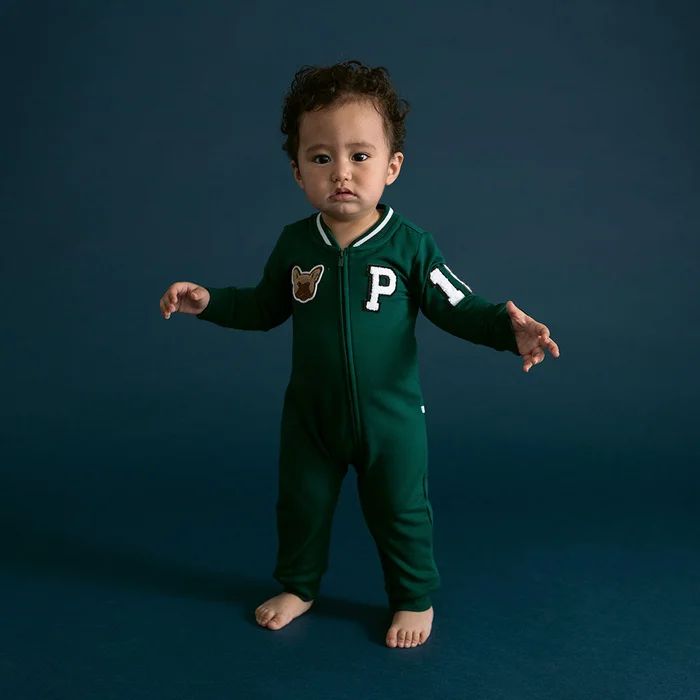 Collegiate Green Embroidered Varsity Green Fleece Varsity Romper | Posh Peanut®