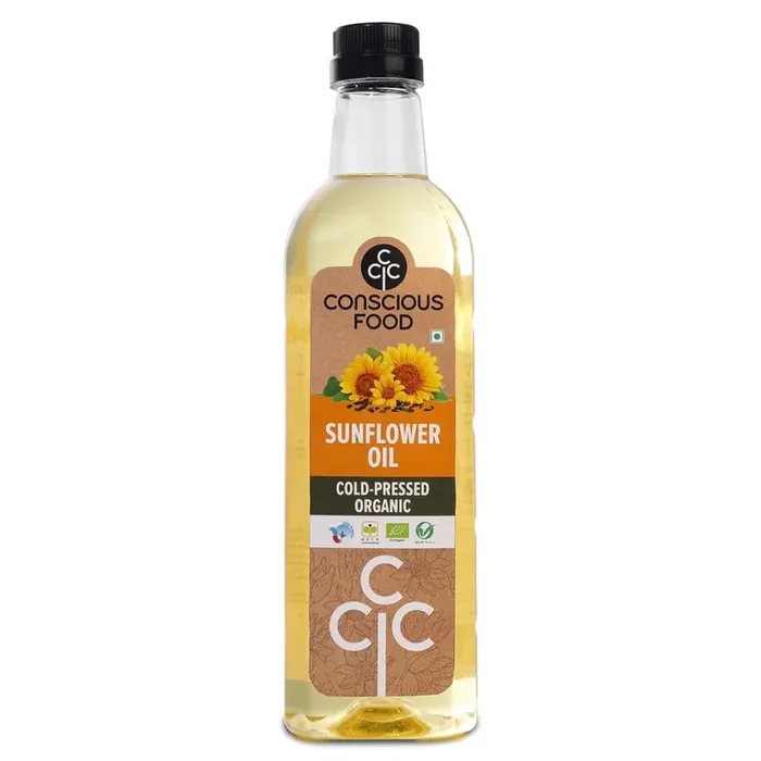 Conscious Food Cold Pressed Sunflower Oil 1 litre Certified Organic PET Bottle Cooking Oil High in Antioxidants, Delicious & Healthy