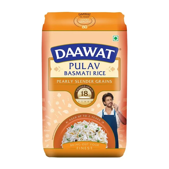 Daawat Pulav Basmati Rice 1Kg Pearly slender Grains Cooked Grain Upto 18mm* Long & Fluffy Pulav Rice
