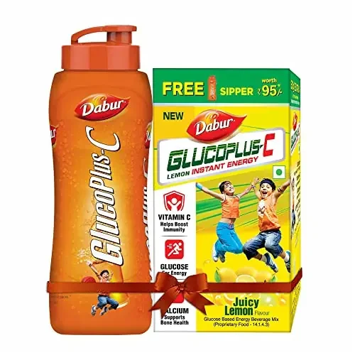 Dabur GlucoPlus-C Instant Energy Glucose Lemon Flavour – 500g (with Sipper Free) Glucose Replenishes Energy 25% more Glucose in every sip Vitamin C helps Boosts Immunity Calcium Supports Bone Health