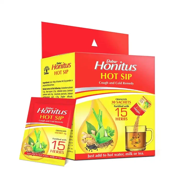Dabur Honitus Hot Sip – Pack of 30 Sachets ( 4gx30 ) 100% Ayurvedic Kadha Provides Instant Relief from Cough Cold & Sore Throat Natural Immunity Booster Unique Blend of 15 Ayurvedic Herbs