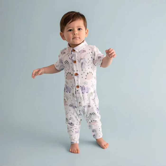 Dinosaur Green Boys Henley Romper | Milo