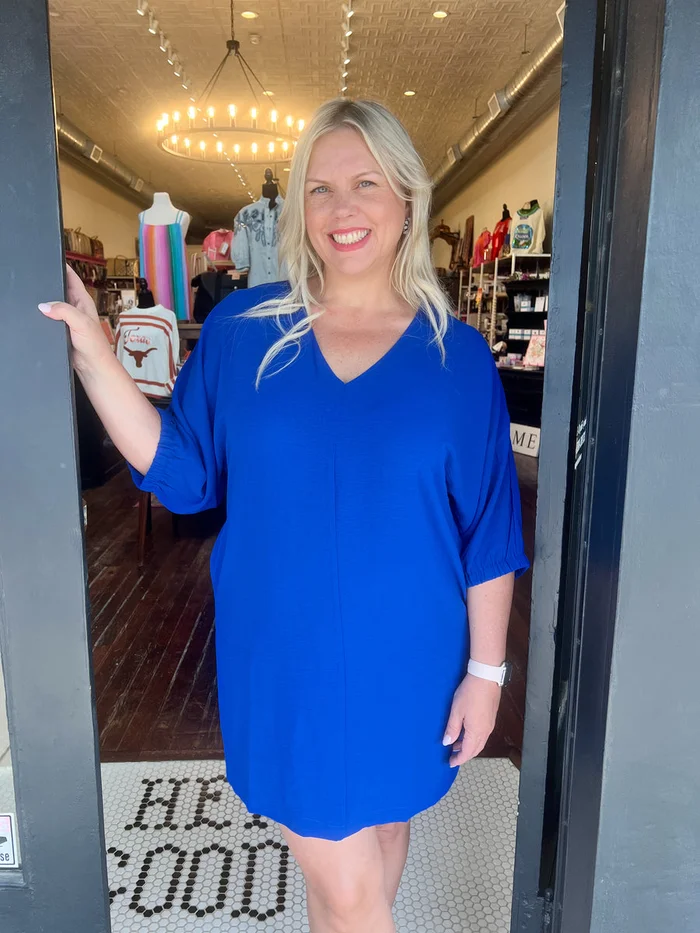 Dolman Elastic Sleeve V Neck Dress-Blue