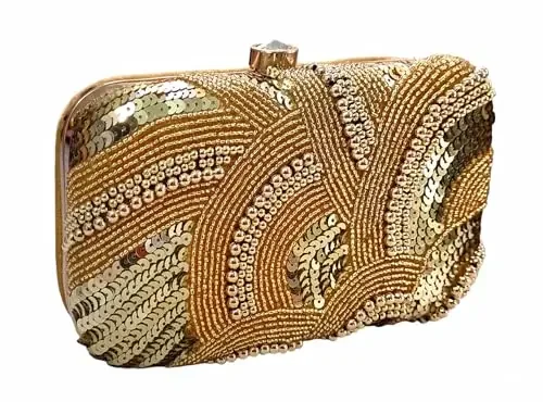 DUCHESS Women‘s Girl‘s Pearl Beaded Golden Box Clutch for Wedding, Golden, M