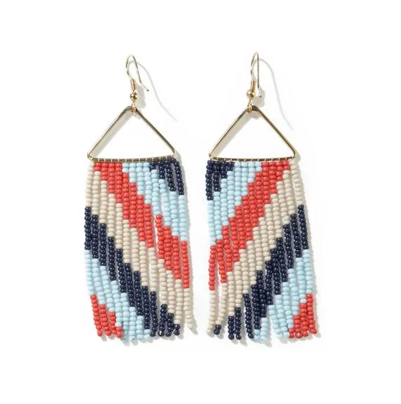 Earrings Whitney Diagonal Stripe Beaded Fringe Blue Red and Beige