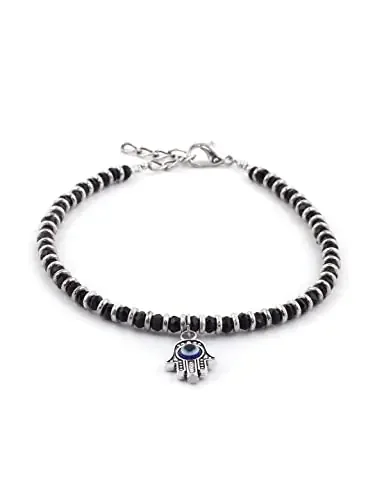 El Regalo 1 Leg Evil Eye Hamsa Hand Black Beads Nazaria Anklets Set- 1 PC Evil Eye Fashion Anklet for Women & Girls, 10 Inches, German Silver, Evil Eye