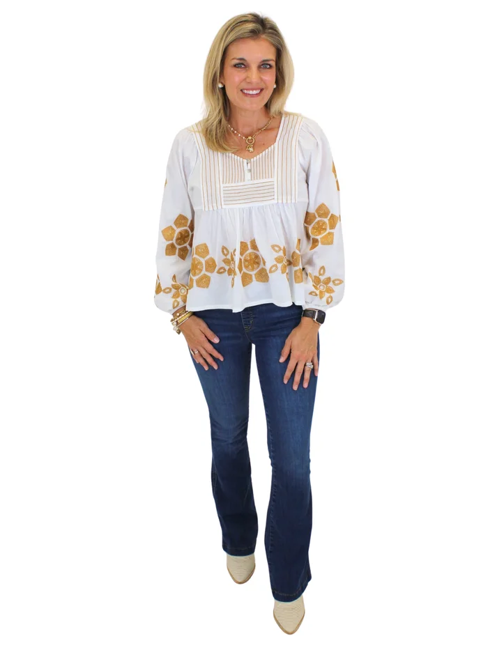 Embroidered Babydoll Peasant Blouse – White