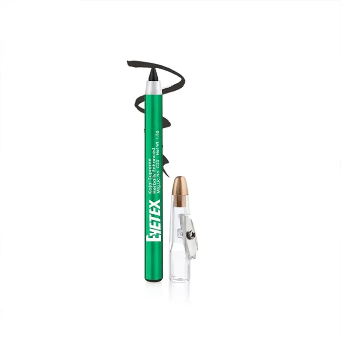 Eyetex Kajal Supreme Herbally Enhanced, 1.5g, Deep Black Matte Finish, Smudge-Proof, Water-Resistant, Vegan, Extracts of Aloe & Carnauba, 6-hr stay, Built-In Sharpener.