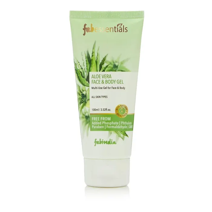 Fabessentials Aloe Vera Face & Body Gel Neem & Castor Oil Multi-purpose Gel for Face & Body Hydrates Refreshes & Minimises Dryness Calms & Soothes Sun-burnt Skin 100 gm