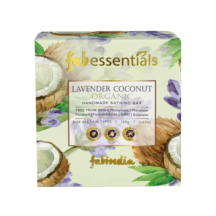 Fabessentials Lavender Coconut Organic Handmade Bathing Bar – Deep Cleansing Moisturizing Natural Skincare Soap – Enriched with Vitamin E & Coconut Oil Paraben-Free Sulphate-Free Vegan 100g