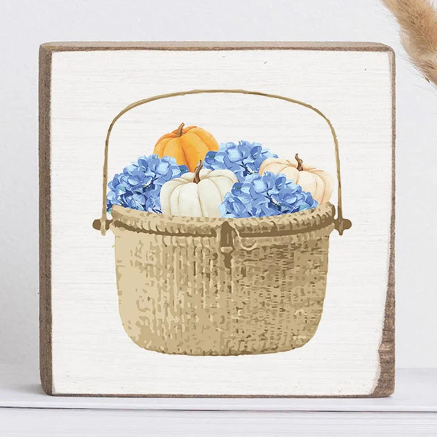 Fall Hydrangea Basket Decorative Wooden Block