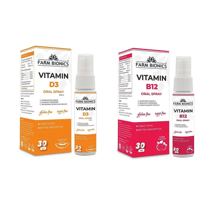 FARM BIONICS Combo of Guava Flavour Vitamin B12 and Muskmelon Flovour Vitamin D3 Oral Spray 30ml 100% Vegetarian Sugar and Gluten Free Immunity Booster Spray for Men and Women