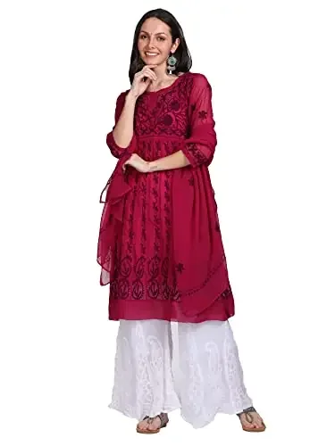 Fashion Chikan Art Women‘s Faux Georgette Chikankari Flared Anarkali With Dupatta and Inner