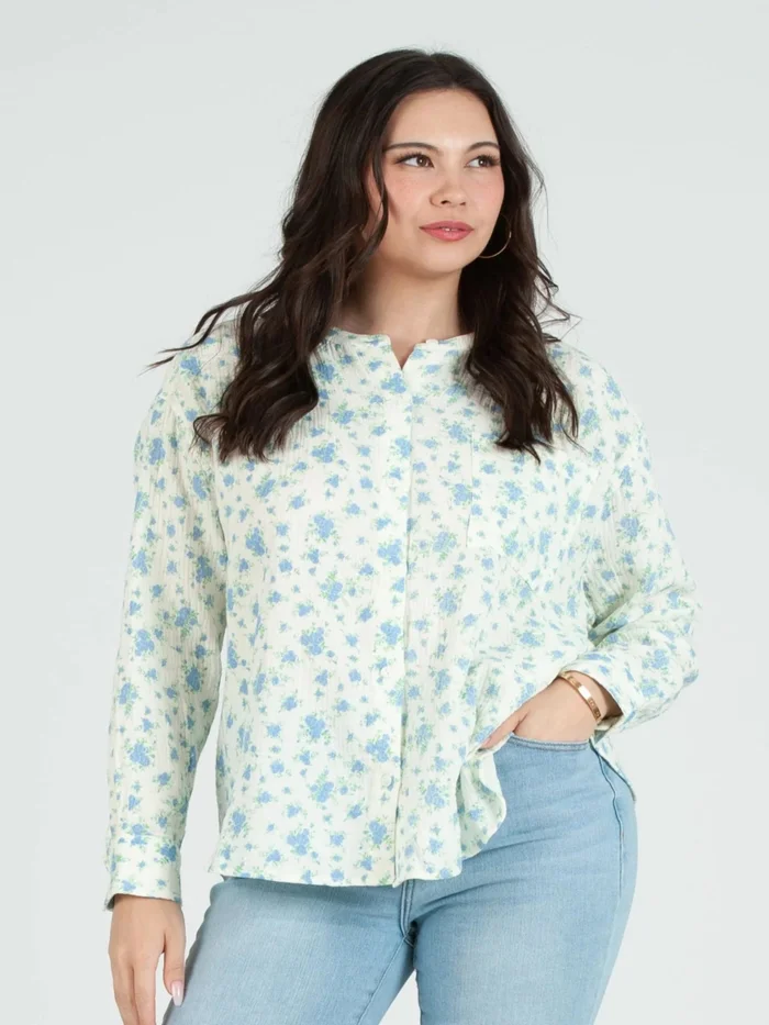 Floral Gauze Button Down Top – Blue Ditsy