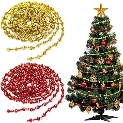 Forty Wings 10 Pcs Beads Pearl Chain for Christmas Decoration Golden Colour Beaded Chain Garlands Merry Christmas Ribbon for X mas Christmas Tree Decoration Hanging Oranaments (Red Gold Beaded Chain)
