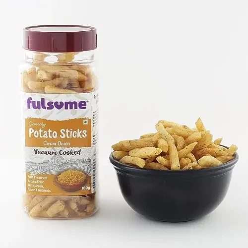 FULSOME – Crunchy Potato Sticks (Cream Onion) – Crispy Tasty & Healthy Vacuum Fried Snack Rich in Vitamin A & Potassium with preserved natural Colour Taste & Aroma 100g Pack