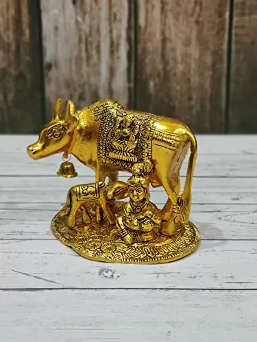 GiftNagri Golden ColorMetal Handicraft Cow Calf with Krishna Kanha Ji Makhan Chor God Idols for Home Decor Gifts and Home Temple Puja for Office Shops