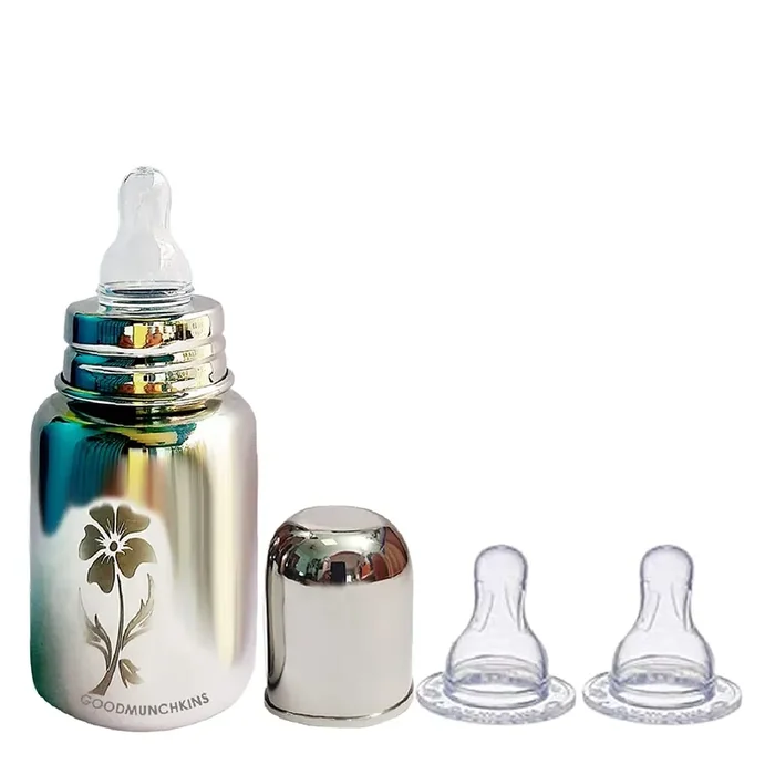 Goodmunchkins Stainless Steel Baby Feeding Bottle 304 Grade Steel Anti Colic Silicone Nipple Joint Less BPA Free with 2 Food Grade Silicone Nipples