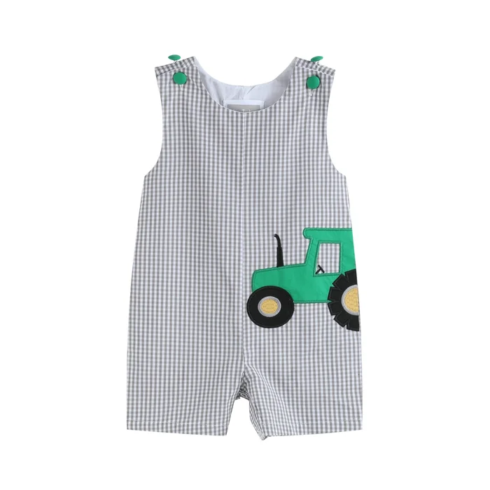Gray Gingham Green Tractor Applique Shortalls: 12-18M