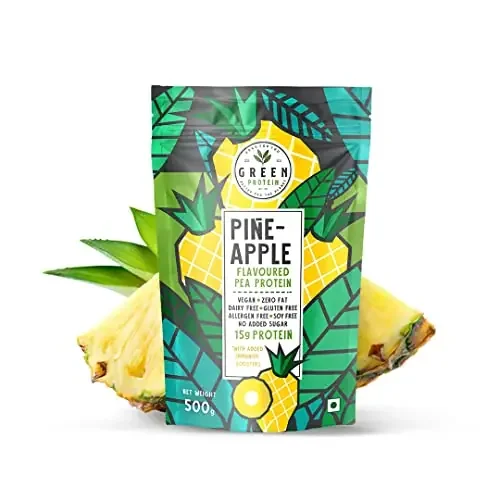 GREEN PROTEIN Pea Protein Isolate Powder, Vegan Plant Protein, No Added Sugar, 100% Vegan, Soy Free, Dairy Free, Gluten Free, Allergen Free, Pineapple Flavor, 15g Protein Per Serving, Pouch (500g)