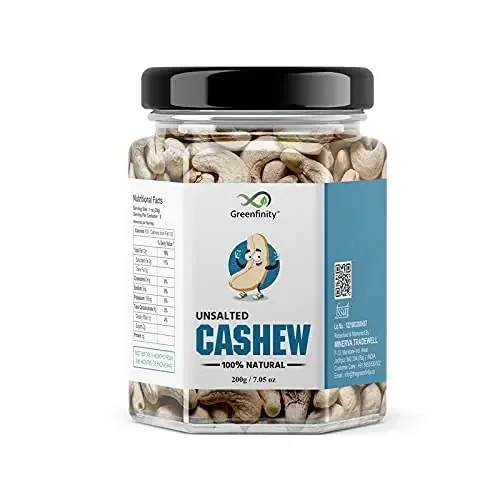 GreenFinity Fresh Premium Whole Plain Cashew Nuts Kaju/Cashew Dry Fruit Plastic Jar Container 200g