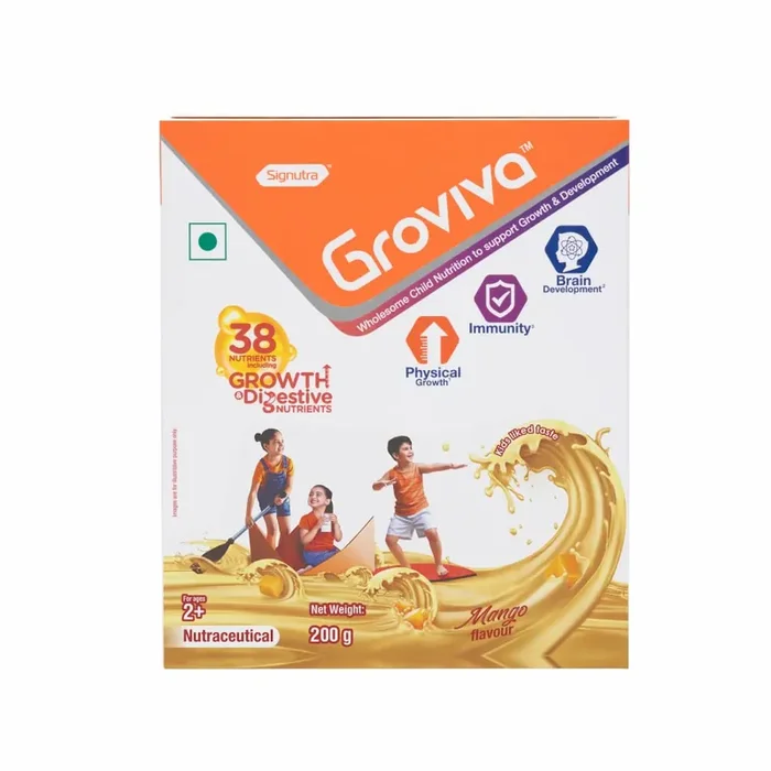 Groviva Customized Health Nutrition Drink made by Global Experts for Kids that supports Digestion, Physical Growth, Immunity and & Brain Development – Mango 200g BIB