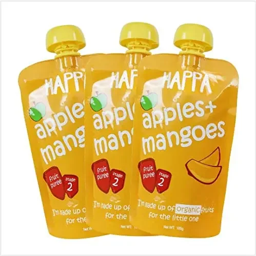 Happa Organic Food, Fruit Puree (Pack of 3, Apple + Mango) Stage 3, 3 Pouches, 100 Gram Each