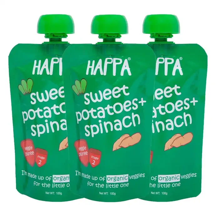 Happa Organic Fruit & Veggie Puree (Sweet Potato + Spinach) Stage 2, 3 Pouches, 100 Gram Each