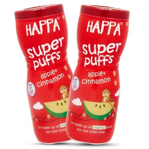 Happa Organic Multigrain Melts Teething Super Puffs (Healthy Organic Snack for Little One, 8 Months+) Apple & Cinnamon (Pack of 2)