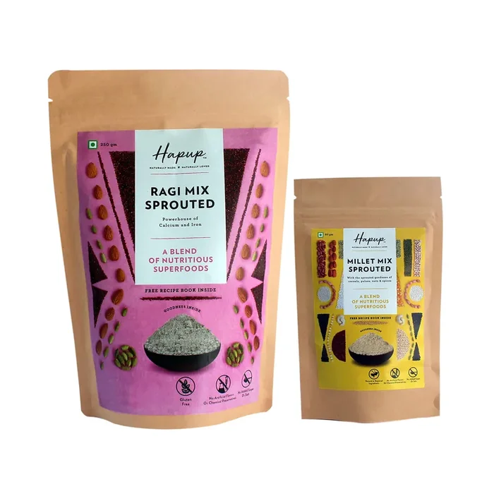 Hapup Organic Ragi Mix Sprouted (250 gm) & Millet Mix Sprouted (80 gm) – Combo of 2