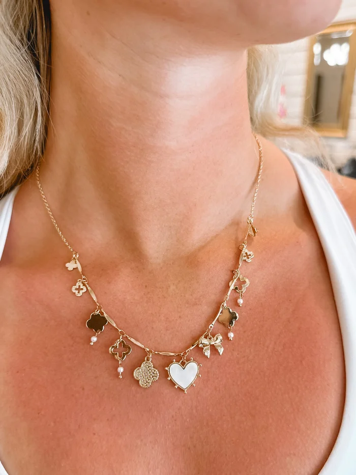 Heart Bow Pearl Charm Necklace