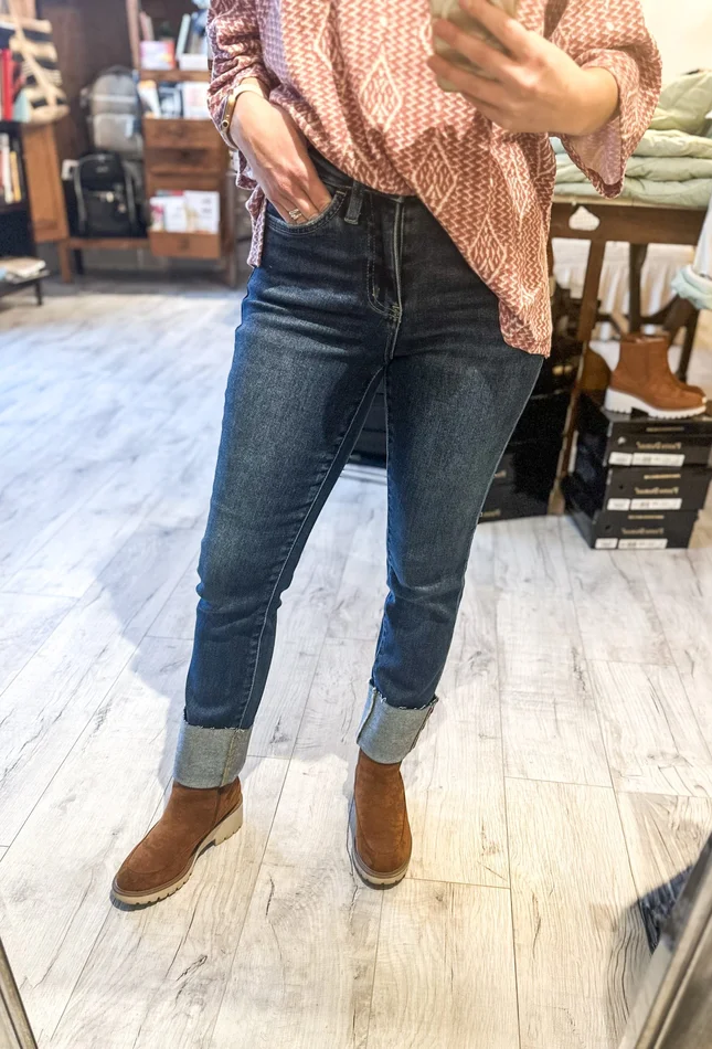 High Rise Cuffed Slim Straight Denim by Lovervet