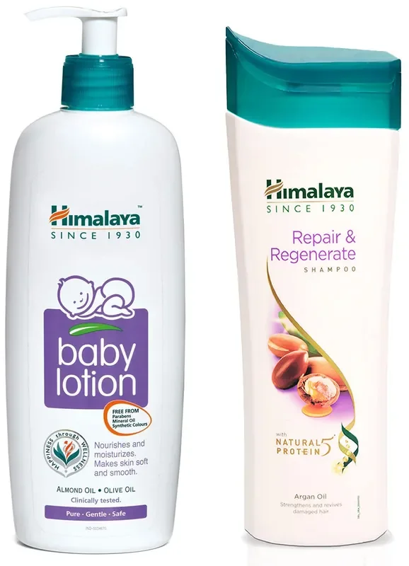 Himalaya Baby Body Lotion, For All Skin Types (400 ml) & Damage Repair Protein Shampoo, Repairs & Protects Hair from Damage, For Dry & Damaged Hair, With the Goodness of Beach Almond & Chickpea, 400ml