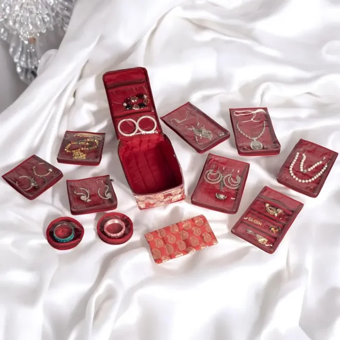HomeStrap Brocade jewellery Organizer/Organizing Box with 12 pouches- Maroon