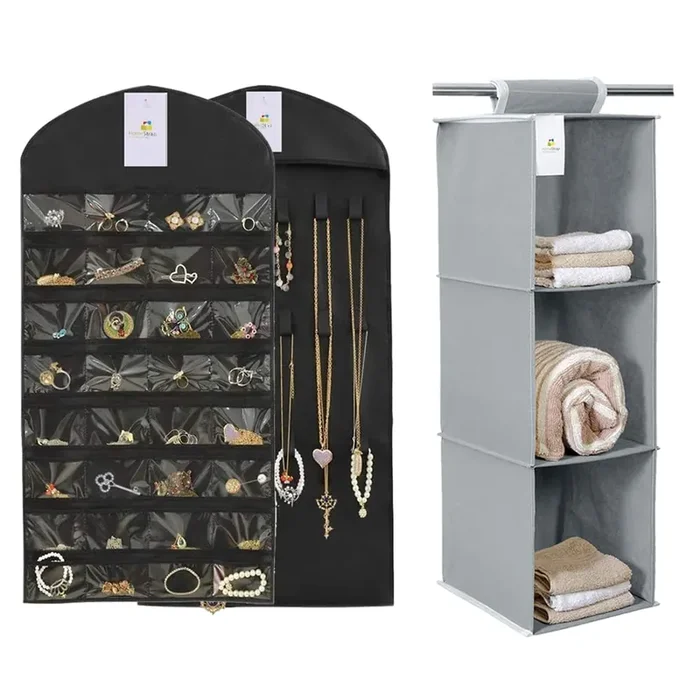 Homestrap Combo Of 2 Hanging Non-Woven Double Sided Jewellery Organizer (32 Pockets) & 3 Shelf/Compartment Clothes Storage For Wardrobe(Grey) – Non Woven Fabric