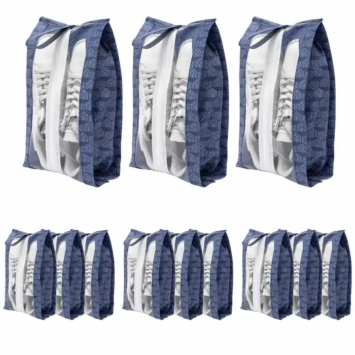 Homestrap Set of 12 Printed Shoe Bags for Travel Transparent Top with Zipper Dustproof Multi-Functional Shoe Storage Bags Ideal Travel Organizer Pouches for Luggage Navy Blue