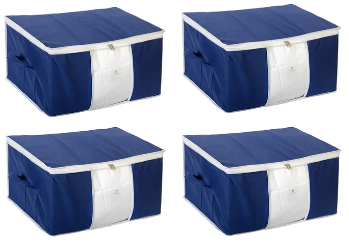 Homestrap Set of 4 Non Woven Underbed Storage Organizer/Blanket Cover Bag with Transparent Window and Side Handle for Quilt Clothes (Navy Blue)