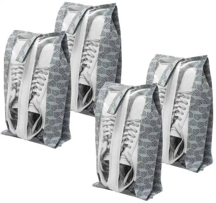 Homestrap Set of 4 Printed Shoe Bags for Travel Transparent Top with Zipper Dustproof Multi-Functional Shoe Storage Bags Ideal Travel Organizer Pouches for Luggage Grey