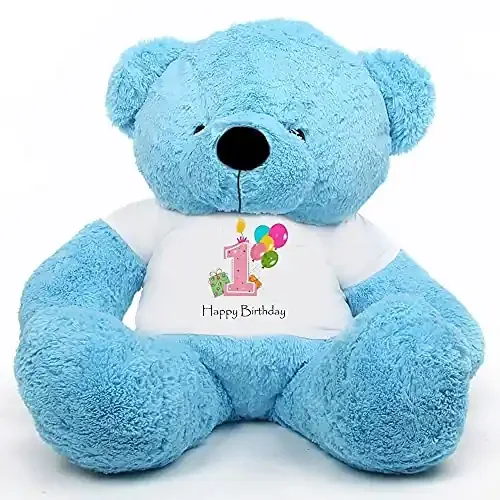HUG ‘n‘ FEEL SOFT TOYS Big Teddy Bear 3 Feet Long Wearing A1STHAPPY Birthday T-Shirt Plush & Stuffed Toys (Bear 182 cm) with Free Heart Shape Pillow Blue