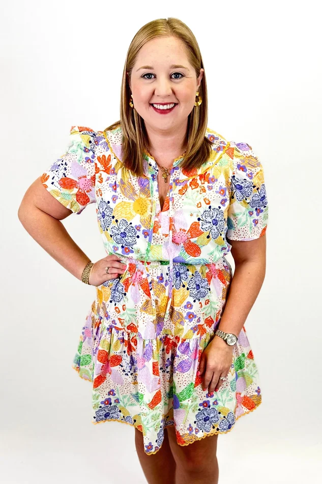 IVORY MULTI FLORAL TIE FRONT DRESS