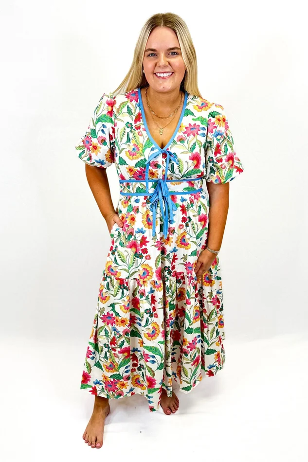 IVORY MULTI VNECK DRESS